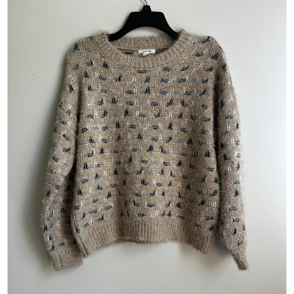 Maurice's Sweater Women's S Small Pullover Beige Blue Crew Neck Silver Tinsel - Picture 1 of 9